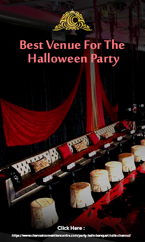 Beautifully arranged party hall in Chennai for the halloween party in red and white color decor.