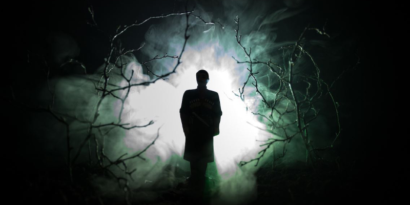 Image showing silhouette of a man standing inside the forest.